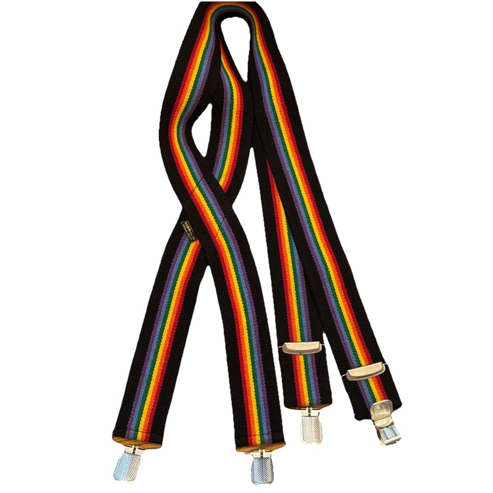 Welch Rainbow Elastic Suspenders 2" Wide Clip On Vintage Made In USA Pride